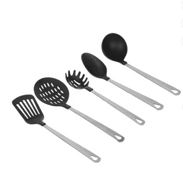 Mainstays Stainless Steel and Nylon Cooking Tool Set, Spoon, Spatula, Ladle, Pasta Spoon and Skimmer Assorted Colors
