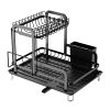 2-Tier Dish Drying Rack for Kitchen Counter Space Saving Rustproof Dish Rack with Drainboard Detachable Kitchen Drainer Organizer Set with Utensi