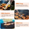 Stainless Steel BBQ Grill Tool Kit Grilling Utensil Accessories with Spatula Tongs Fork Knife Brush Pepper Salt Shaker Bottle Grilled Skewers Cor